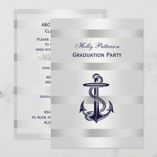 Nautical Navy Blu Anker Silver Wt BG V Afstuderen Kaart (Voorkant / Achterkant)