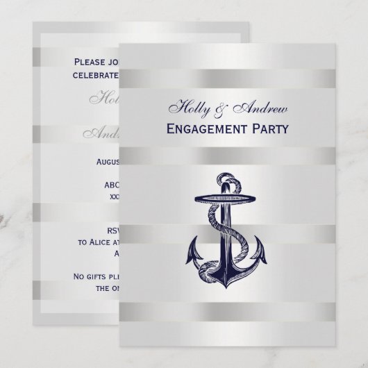 Nautical Navy Blu Anker Silver Wt BG V Verloving Kaart (Voorkant / Achterkant)