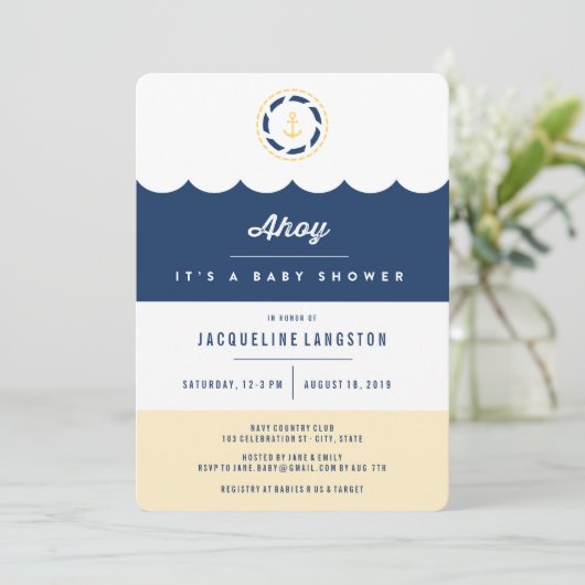 Nautical Navy Blue Ahoy Neutral Baby shower Invite Kaart (Staand voorkant)