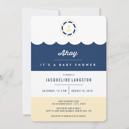 Nautical Navy Blue Ahoy Neutral Baby shower Invite Kaart (Voorkant)