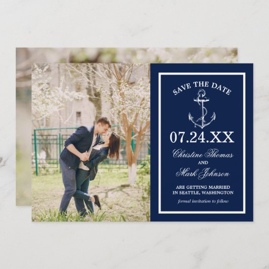 Nautical Navy Blue Anchor 2 foto Save the Date Kaart (Voorkant / Achterkant)
