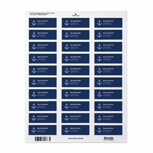 Nautical Navy Blue Anchor Adresetiketten Etiket (Full Sheet)