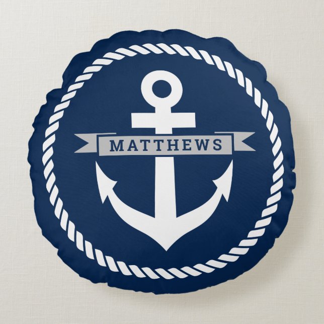 Nautical navy blue anchor and rope familienaam rond kussen (Voorkant)