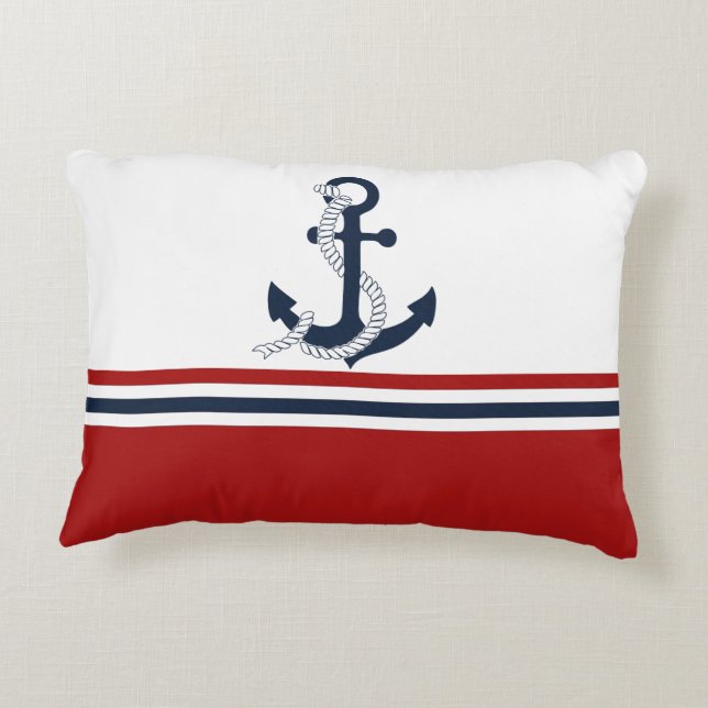 Nautical Navy Blue Anchor Blue White Stripes Accent Kussen (Achterkant)