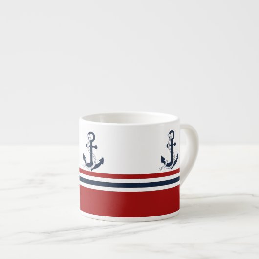 Nautical Navy Blue Anchor Blue White Stripes Espresso Kop (Voorkant rechts)