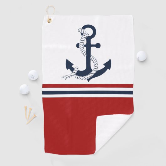 Nautical Navy Blue Anchor Blue White Stripes Golfhanddoek (Insitu)