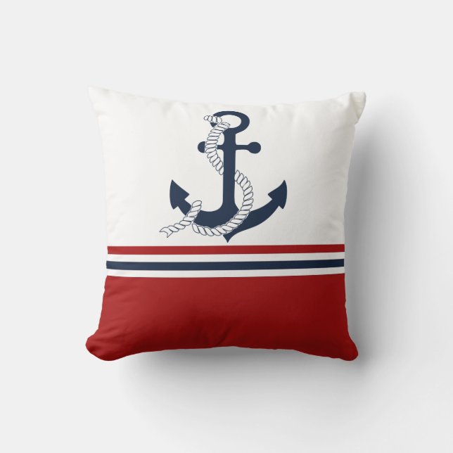 Nautical Navy Blue Anchor Blue White Stripes Kussen (Voorkant)