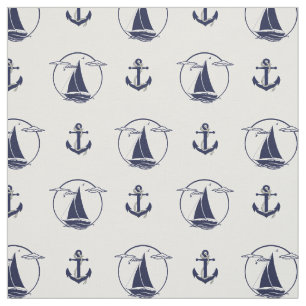 Nautical Navy blue anchor/blue zeilboot silhouette Stof