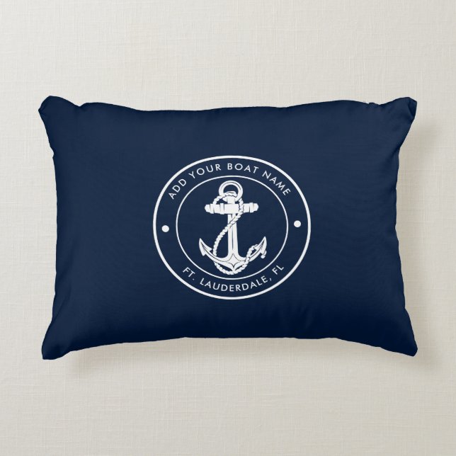 Nautical Navy Blue Anchor Boat Name Custom Accent Kussen (Voorkant)