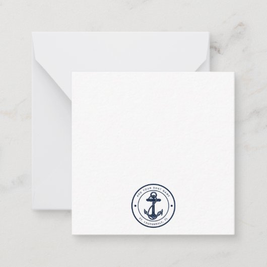 Nautical Navy Blue Anchor Boat Name Custom Notitiekaartje (Voorkant)