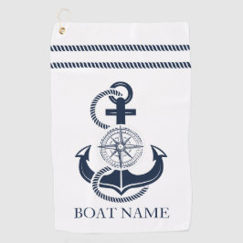 Nautical Navy Blue Anchor Boat Name Golfhanddoek