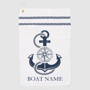 Nautical Navy Blue Anchor Boat Name Golfhanddoek