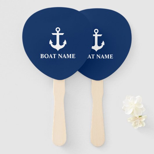 Nautical Navy Blue Anchor Boat Name Handwaaier (Voorkant en achterkant)
