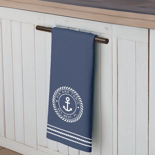 Nautical Navy Blue Anchor Boat Name Kitchen Towel Theedoek