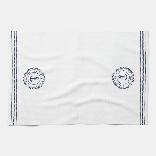 Nautical Navy Blue Anchor Boat Name Theedoek (Horizontaal)