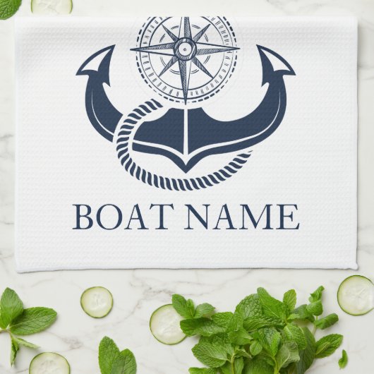 Nautical Navy Blue Anchor Boat Name Theedoek (Gevouwen)