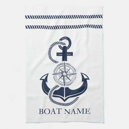 Nautical Navy Blue Anchor Boat Name Theedoek (Verticaal)