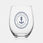 Nautical Navy Blue Anchor Boat Name Wijnglas Zonder Voet (Voorkant)