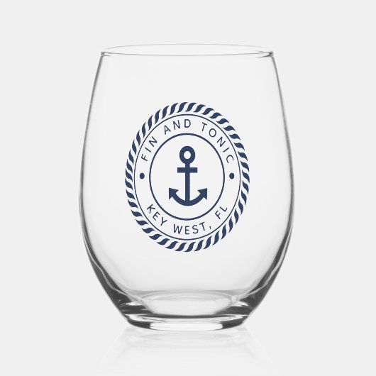 Nautical Navy Blue Anchor Boat Name Wijnglas Zonder Voet (Voorkant)