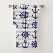 Nautical Navy Blue Anchor Boat Wheel Grey Stripe Bad Handdoek (Insitu)