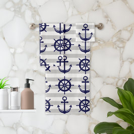 Nautical Navy Blue Anchor Boat Wheel Grey Stripe Bad Handdoek