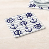 Nautical Navy Blue Anchor Boat Wheel Grey Stripe Kartonnen Onderzetters (Schuin)