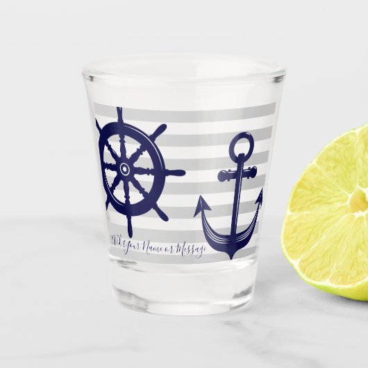 Nautical Navy Blue Anchor Boat Wheel Grey Stripe Shot Glas (Voorkant)
