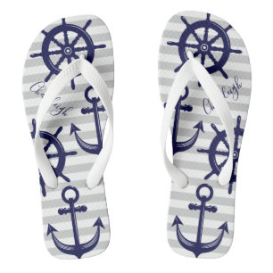 Nautical Navy Blue Anchor Boat Wheel Grey Stripe Teenslippers