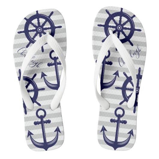 Nautical Navy Blue Anchor Boat Wheel Grey Stripe Teenslippers (Voetbed)