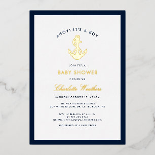Nautical Navy Blue Anchor Boy Baby shower Gold Folie Uitnodiging