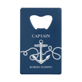 Nautical Navy Blue Anchor Captain Name Creditkaart Flessenopener
