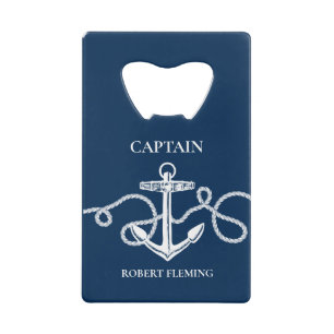 Nautical Navy Blue Anchor Captain Name Creditkaart Flessenopener