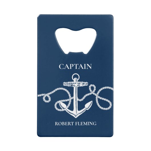 Nautical Navy Blue Anchor Captain Name Creditkaart Flessenopener (Voorkant)