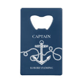 Nautical Navy Blue Anchor Captain Name Creditkaart Flessenopener (Achterkant)