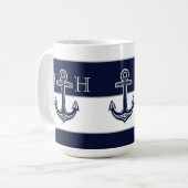 Nautical Navy Blue Anchor Coastal Monogram Koffie Koffiemok (Voorkant links)