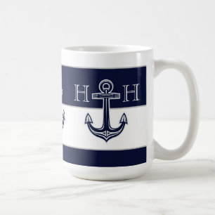Nautical Navy Blue Anchor Coastal Monogram Koffie Koffiemok