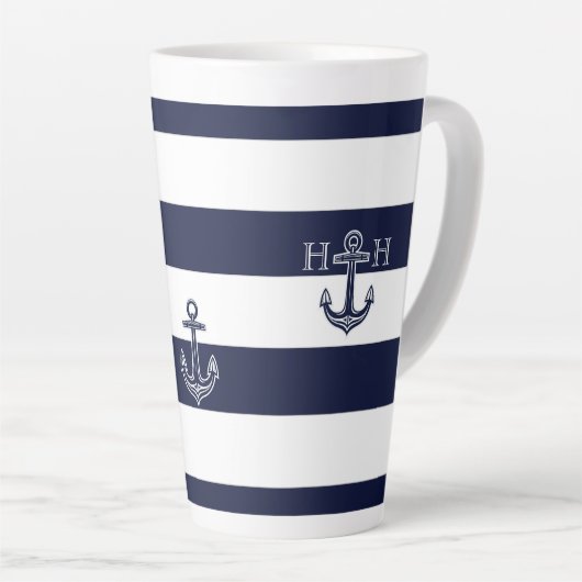 Nautical Navy Blue Anchor Coastal Monogram Koffie Latte Mok (Rechterhoek)