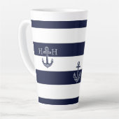 Nautical Navy Blue Anchor Coastal Monogram Koffie Latte Mok (Linkerhoek)
