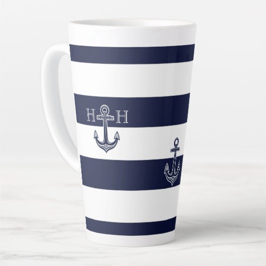 Nautical Navy Blue Anchor Coastal Monogram Koffie Latte Mok (Linkerhoek)