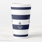 Nautical Navy Blue Anchor Coastal Monogram Koffie Latte Mok (Voorkant)