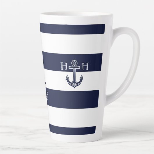 Nautical Navy Blue Anchor Coastal Monogram Koffie Latte Mok (Rechts)