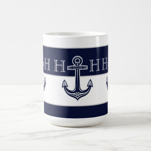 Nautical Navy Blue Anchor Coastal Monogram Koffiemok (Center)