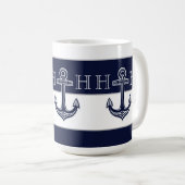 Nautical Navy Blue Anchor Coastal Monogram Koffiemok (Voorkant rechts)