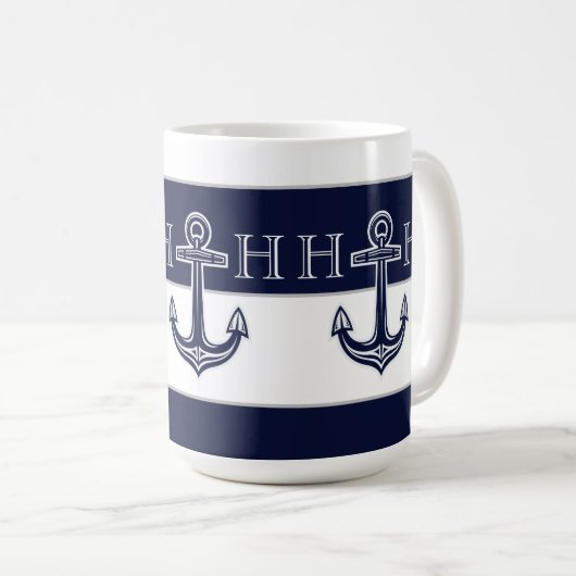 Nautical Navy Blue Anchor Coastal Monogram Koffiemok (Voorkant rechts)