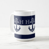 Nautical Navy Blue Anchor Coastal Monogram Koffiemok (Voorkant links)