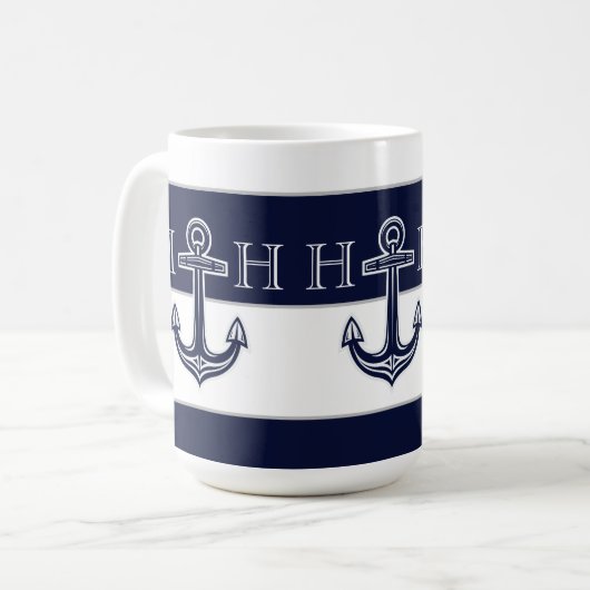 Nautical Navy Blue Anchor Coastal Monogram Koffiemok (Voorkant links)