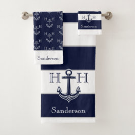 Nautical Navy Blue Anchor Coastal Monogram Naam Bad Handdoek
