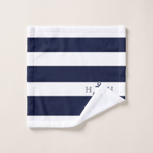 Nautical Navy Blue Anchor Coastal Monogram Naam Bad Handdoek (Wasdoekje)