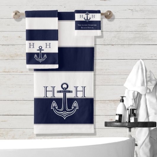 Nautical Navy Blue Anchor Coastal Monogram Naam Bad Handdoek