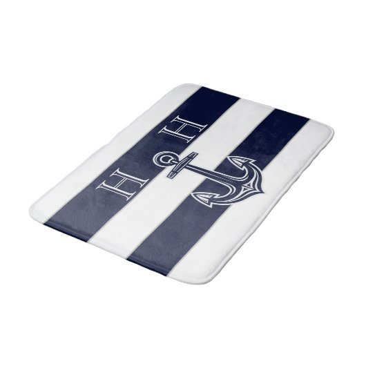 Nautical Navy Blue Anchor Coastal Monogram Naam Badmat (Gekanteld)